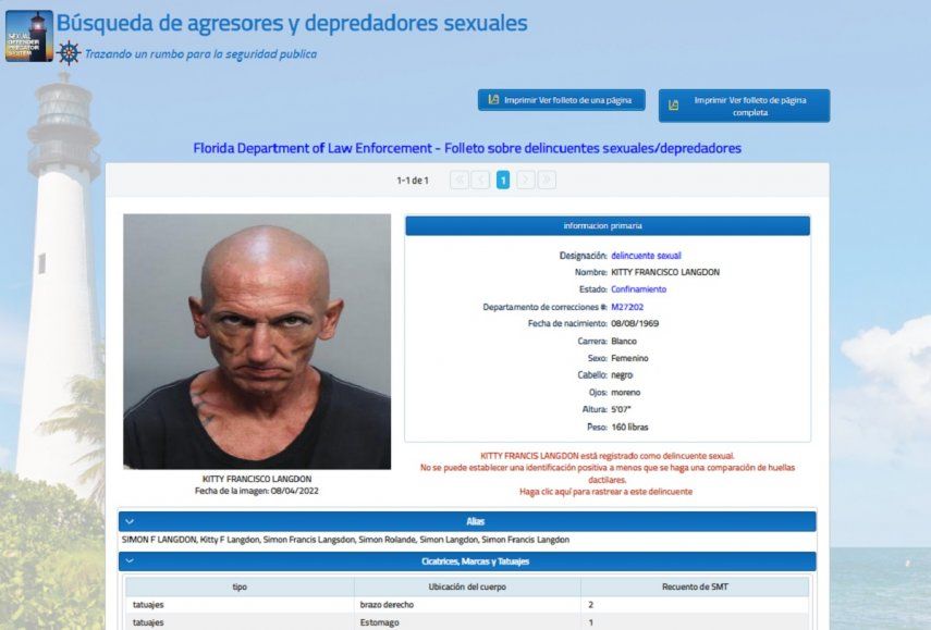 Captura de pantalla del registro policial de Kitty Langdon, en la página offender.fdle.state.fl.us.&nbsp;