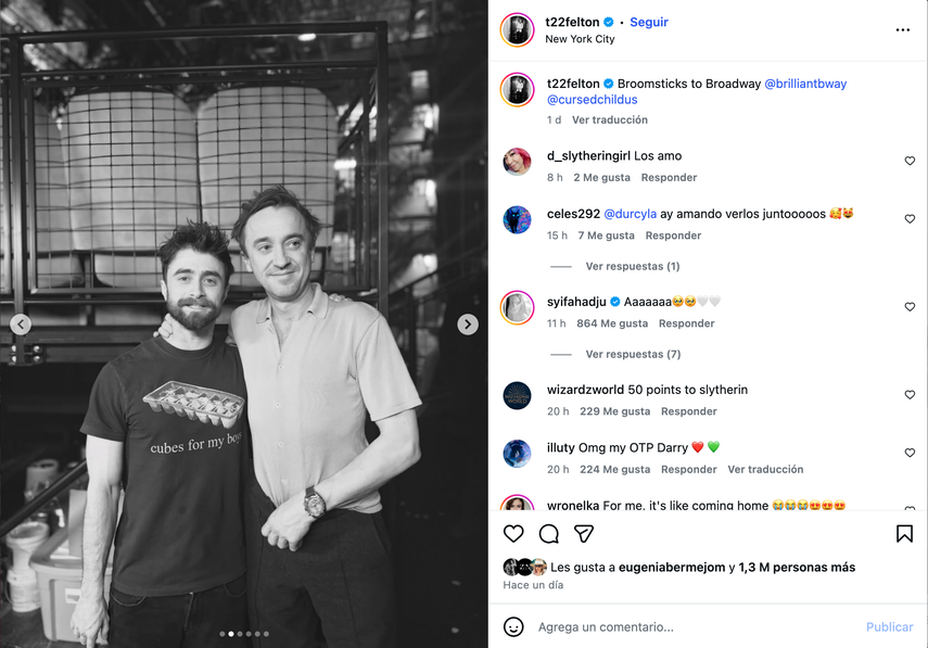 Captura de pantalla del Instagram de Tom Felton junto a Daniel Radcliffe