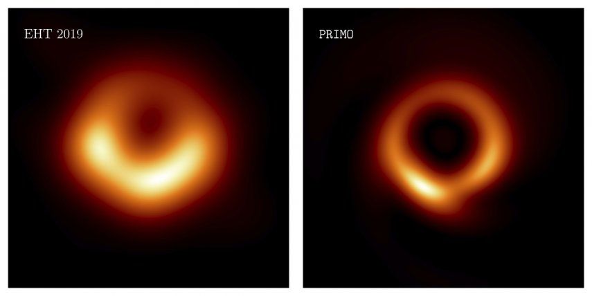 Esta combinación de imágenes de la investigadora Lia Medeiros muestra imágenes del agujero negro M87 distribuida en 2018, izquierda, y actualizada en 2023. La nueva versión, publicada el jueves 13 de abril de 2023 en la revista especializada Astrophysical Journal Letters, mantiene la forma original, pero con un aro más delgado y resolución más nítida. Aún con el trabajo colaborativo de muchos telescopios, quedan brechas en los datos. En el estudio más reciente, los científicos usaron los mismos datos y llenaron las piezas faltantes con inteligencia artificial.&nbsp;