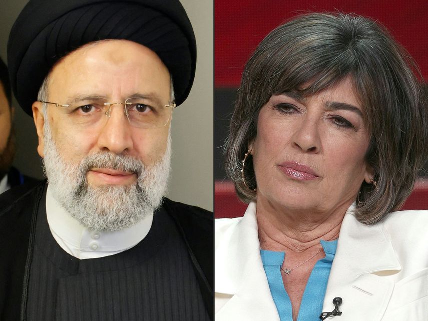 Esta combinación de imágenes creada el 22 de septiembre de 2022 muestra al presidente iraní Ebrahim Raisi en la sede de la ONU en la ciudad de Nueva York el 20 de septiembre de 2022&nbsp;y Christiane Amanpour en el Hotel Beverly Hilton, el 30 de julio de 2018 en Beverly Hills, California.