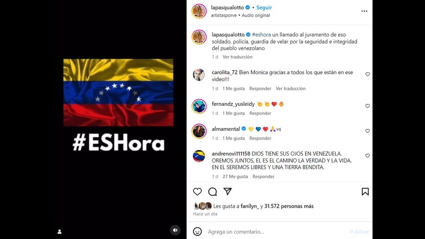 Artistas venezolanos lanzan campaña #ESHora a favor de la libertad y democracia en el país Suramericano.