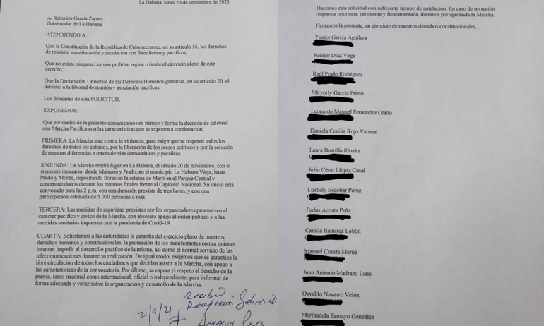 Los firmantes enviaron la petición a Reinaldo García Zapata, gobernador de La Habana, y Alexis Acosta Silva, intendente del Consejo de Administración de La Habana Vieja.