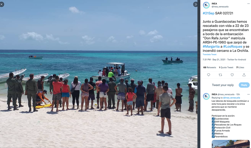 El barco pesquero partió al final de la tarde del sábado pasado con 23 personas a bordo -- 13 pasajeros y 10 tripulantes -- desde el muelle Chacachacare de Isla de Margarita, a unos 285 kilómetros al noreste de Caracas, según indicó la ONSA.