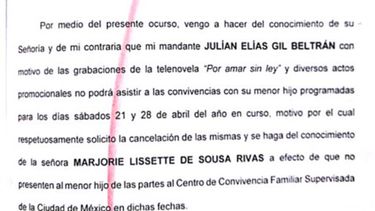 El documento que presentó el abogado Rodrigo Carmona, en tiempo y forma, excusando Julián Gil de las visitas en el Centro de Convivencias.