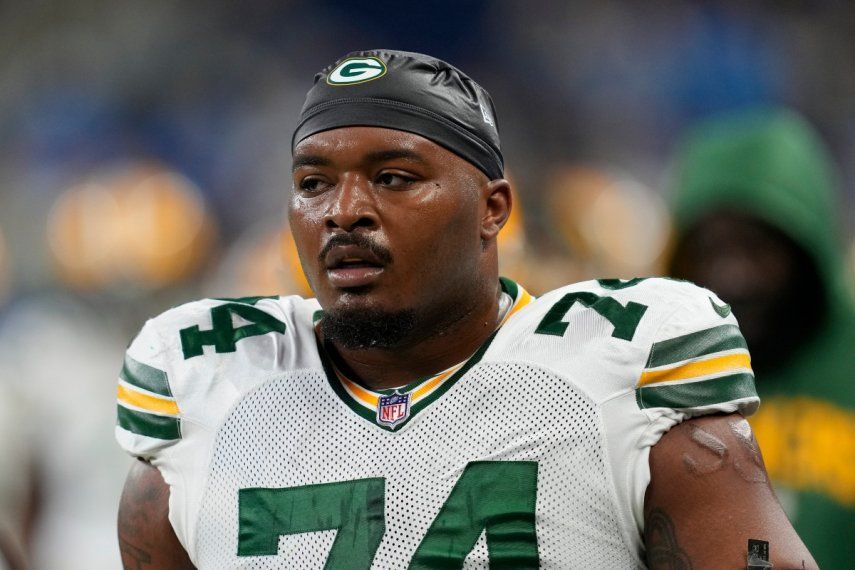 El liniero ofensivo, Elgton Jenkins, de los Packers de Green Bay, en un partido ante los Lions, en Detroit, el domingo 6 de noviembre de 2022.