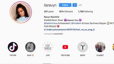 Captura de pantalla del perfil oficial en Instagram de la influencer de moda y actriz Ravyn Rochelle.