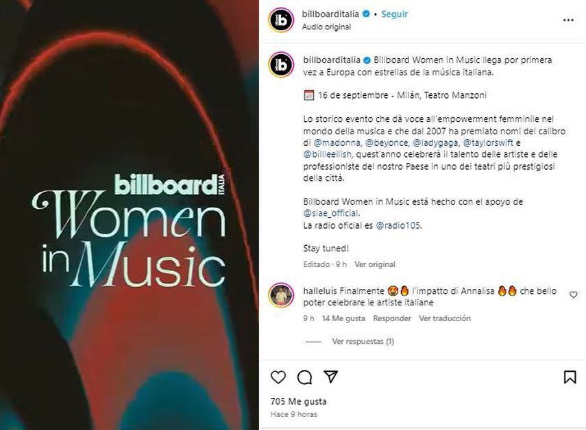 Anuncio de la Edición Billboard Women in Music Italia.