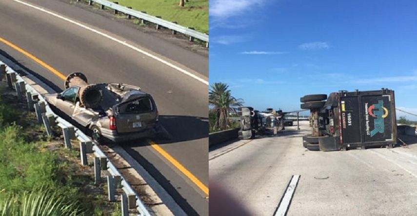 El metal cayó de un puente interestatal y aterrizó en la parte superior de la camioneta.