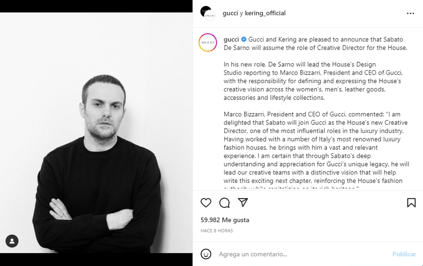 El diseñador Sabato De Sarno asumirá el puesto de director creativo de Gucci.