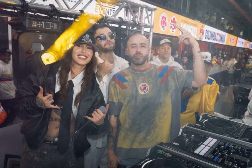 DJ Pope, Heider González y La Guru en el medio tiempo del partido Colombia vs. Canadá en Nueva Jersey.&nbsp;
