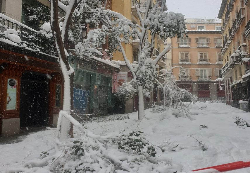 Una calle del centro de Madrid, cortada al tránsito y transeúntes.