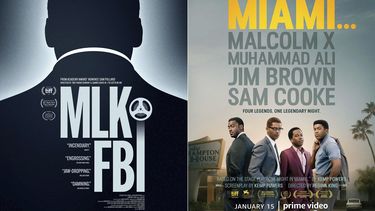 Esta combinación de fotos muestra el afiche del documental MLK/FBI, izquierda, que se estrena en cines selectos y On Demand el 15 de enero, y la película One Night in Miami que se estrena el 15 de enero en Amazon Prime.