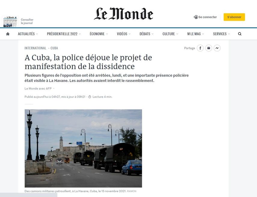El portal francés Le Monde refleja la situación militarizada que se vivió en Cuba este 15N.&nbsp;