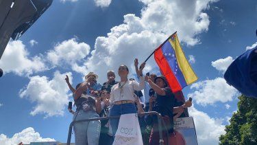 La líder opositora María Corina Machado se dirige a los venezolanos durante la protesta mundial en rechazo a los resultados de las elecciones presidenciales del 28 de julio.