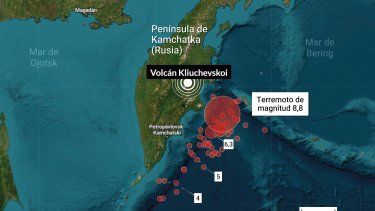 Mapa con localización del volcán Kliuchevskoi, situado en la península rusa de Kamchatka. Ha entrado este miércoles en erupción tras el fuerte terremoto de magnitud 8,8 en la escala Richter registrado horas antes frente a la costa del país y que ha provocado la alerta generalizada de tsunami en numerosos países del Pacífico.