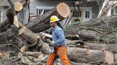 Un operario corta un árbol que cayó sobre una casa y varios coches durante las tormentas que afectaron a la ciudad de East Point, Georgia, Estados Unidos. 