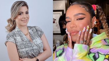 En este collage de fotos, Karol G muestra el diseños de sus uñas realizado por la manicurista cubana Ibett Sánchez.