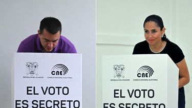 Esta combinación de imágenes, tomada el 13 de abril de 2025, muestra al presidente de Ecuador y candidato presidencial por Acción Democrática Nacional, Daniel Noboa, votando en un colegio electoral en Olón, provincia de Santa Elena, Ecuador, y a la candidata presidencial del Movimiento Revolución Ciudadana, Luisa González, votando en un colegio electoral en Canuto, provincia de Manabí, Ecuador.