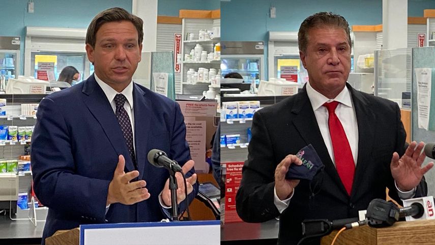 El gobernador de Florida, Ron DeSantis, y el alcalde de Hialeah, Carlos Hernández.