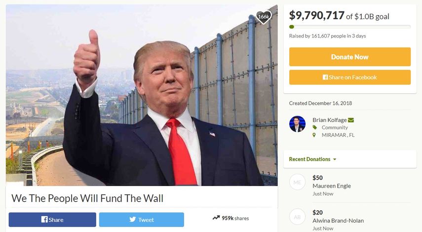Imagen de la campaña lanzada por un veterano de guerra de EEUU para lograr los fondos para el muro fronterizo con México.