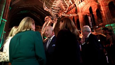 El rey Carlos III habla con invitados en el Museo Natural de Historia de Londres.&nbsp;