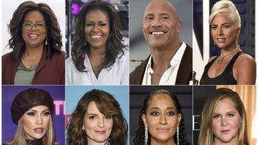 En esta combinaci&oacute;n de fotos, arriba, de izquierda a derecha, Oprah Winfrey, la ex primera dama Michelle Obama, Dwayne Johnson y Lady Gaga; y abajo, Jennifer L&oacute;pez, Tina Fey, Tracee Ellis Ross y Amy Schumer. Live Nation anunci&oacute; el mi&eacute;rcoles 20 de noviembre del 2019 que la gira sobre bienestar de Winfrey con WW, Oprahs 2020 Vision: Your Life in Focus, incluir&aacute; apariciones de invitados especiales como Obama, Johnson, Lady Gaga, L&oacute;pez, Fey, Ellis Ross y Schumer.&nbsp;