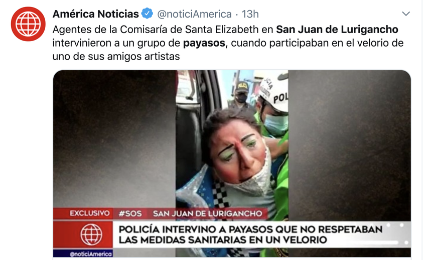 En esta captura de pantalla aparece la&nbsp;informaci&oacute;n publicada en Am&eacute;rica Noticias sobre el arresto de varios payasos que participaban en un velorio en Per&uacute;.&nbsp;