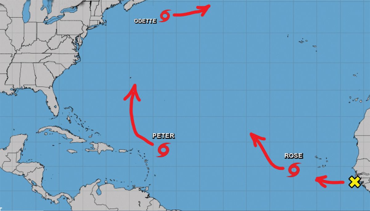 Localización y proyección de movimiento de tormentas tropicales Odette, Peter y Rose, 19 de sept de 2021. Localización y proyección de movimiento de tormentas tropicales Odette, Peter y Rose, 19 de sept de 2021.