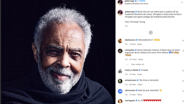 El aclamado músico brasileño Gilberto Gil anunció en su perfil de Instagram que se convirtió en miembro de la Academia Brasileña de Letras .