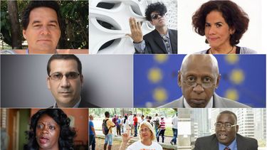 De izquierda a derecha, los opositores cubanos Angel Santiesteban, Gorki Águila, Ailer González, Antonio Rodiles, Guillermo Fariñas, Berta Soler,&nbsp;María Cristina Labrada&nbsp;y Jorge Luis García Pérez Antúnez.