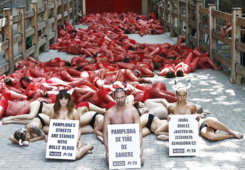 Un centenar de activistas y simpatizantes de AnimaNaturalis y PETA protestan en la plaza de toros de Pamplona contra los espectáculos taurinos que la próxima semana tendrán lugar con motivo de las fiestas de San Fermín. (EFE)