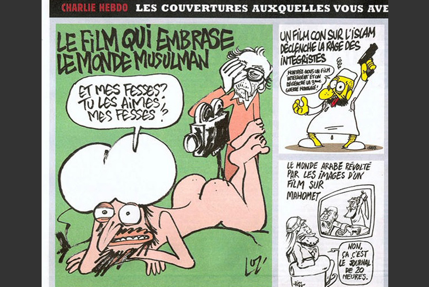 Caricatura donde se lee: La película que ofende al mundo musulmán. Y mis nalgas. ¿Te gustan mis nalgas?