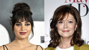 La actriz Melissa Barrera asiste al estreno mundial de Scream VI en Nueva York el 6 de marzo de 2023, izquierda, y Susan Sarandon asiste a una proyección especial de Maybe I Do en Nueva York el 17 de enero de 2023. Las actrices fueron despedidas de compañías de Hollywood.