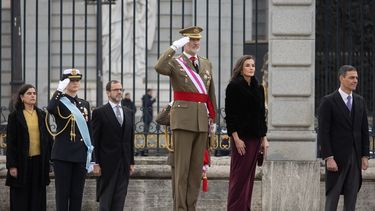 La princesa Leonor, el rey Felipe VI, la reina Letizia y el presidente del Gobierno, Pedro Sánchez, durante la Pascua Militar, en el Palacio Real, a 6 de enero de 2025, en Madrid (España).