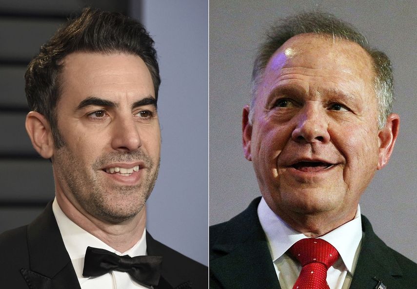 En este collage, el comediante Sacha Baron Cohen en la fiesta del Oscar de Vanity Fair el 4 de marzo del 2018, en Beverly Hills, California, y el expresidente de la Corte Suprema de Alabama y candidato al Senado Roy Moore, en una conferencia de prensa en Birmingham, Alabama, el 16 de noviembre del 2017.