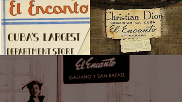 Un collage de fotos muestra carteles de la tienda El Encanto, junto a una etiqueta de una prenda de Christian Dior, vendida allí exclusivamente.&nbsp;