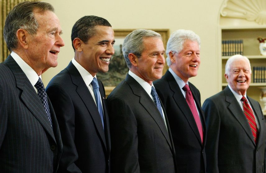 De izquierda a derecha, George H.W. Bush, Barack Obama, George W. Bush, Bill Clinton y Jimmy Carter.&nbsp;