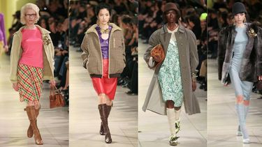 En la propuesta de Miu Miu en la pasarela de París predominan los calcetines largos, a colores, plateados o dorados, aparejados ya sea con zapatillas, botas y zapatos a tacones, a menudo arrugados.