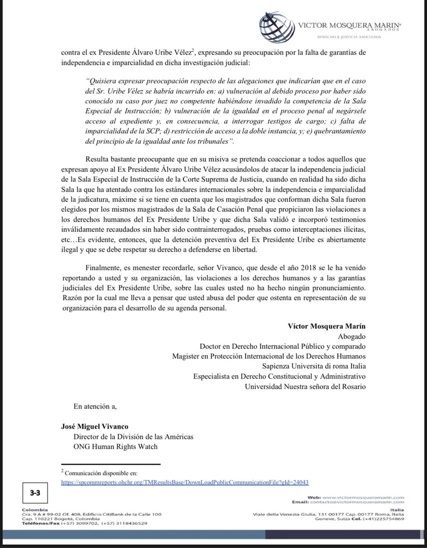 Respuesta del&nbsp;abogado&nbsp;del&nbsp;expresidente de&nbsp;Colombia&nbsp;&Aacute;lvaro Uribe V&eacute;lez,&nbsp;Victor Mosquera Mar&iacute;n.