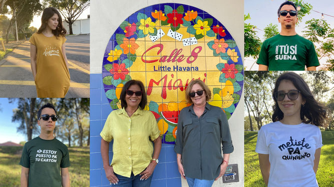 De izquierda a derecha, en el centro, Saily Rivas y Victoria James, al frente de Azúcar Cuban Style, un emprendimiento en Miami. Al lado, algunos de los diseños de sus prendas.&nbsp;