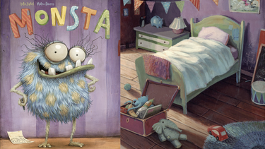 Portada y una de las ilustraciones interiores de Monsta.