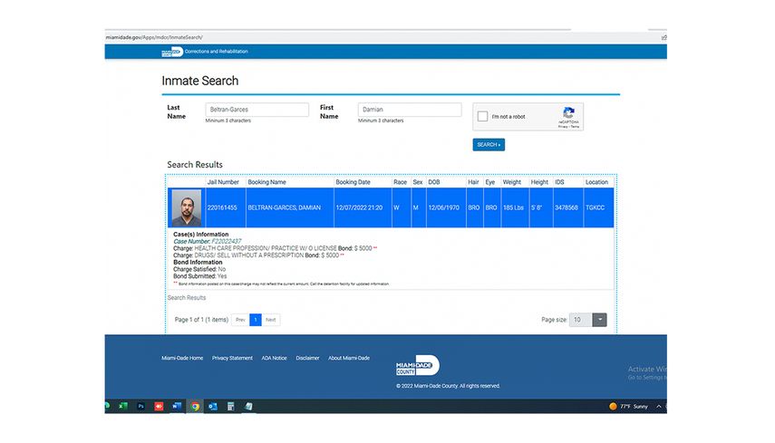 Ficha de Damián Beltrán Garcés, Miami-Dade Corrections.