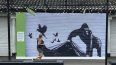 Una corredora pasa frente a una reproducción de un mural de Banksy afuera del Zoológico de Londres, el domingo 18 de agosto de 2024.&nbsp;