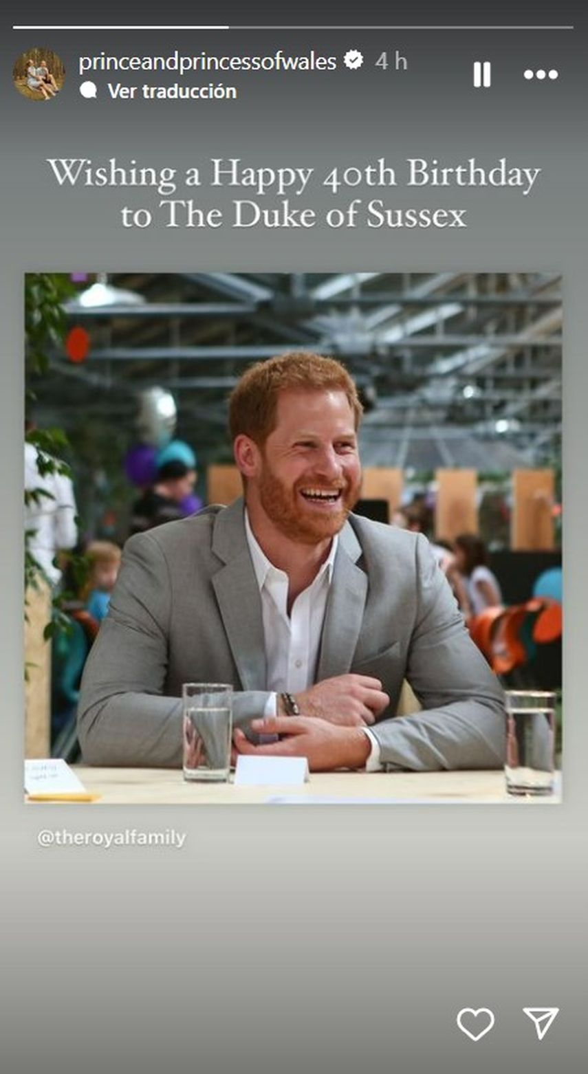 La cuenta oficial de Instagram de los príncipes de Gales, William y Kate, desea feliz cumpleaños al príncipe Harry el 15 de septiembre de 2024.