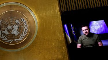 El presidente ucraniano Volodymyr Zelenskyy durante un discurso por video en la Asamblea General de la ONU, en la sede de la organización, el miércoles 21 de septiembre de 2022.&nbsp;