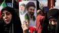 Dos mujeres pro-régimen o amenazadas muestran la foto del hijo del asesinado ayatolá Alí Jamenei, Seyed Mojtaba Hosseini Jamenei, el nuevo líder designado.
