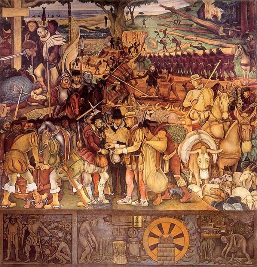 Mural realizado por Diego Rivera, que descansa en el Palacio Nacional de México, titulado La colonizacion o llegada de Hernán Cortés a Veracruz.(CORTESÍA)