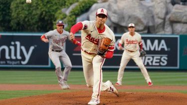 El japonés Shohei Ohtani lanza por los Angelinos de Los Ángeles en el juego del martes 11 dea bril de 2023 ante los Nacionales de Washington&nbsp;