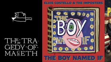 En esta combinación de fotos, el arte promocional de The Tragedy of Macbeth, el palbum The Boy Named If de Elvis Costello & The Imposters y la serie Peacemaker de HBO Max.&nbsp;