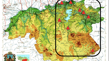 El mapa del estado Bolívar en Venezuela está marcada la zona donde los rusos realizan la operación militar. 
